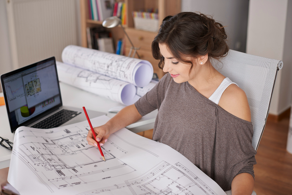 Arquitecta revisando los planos de un proyecto en su estudio
